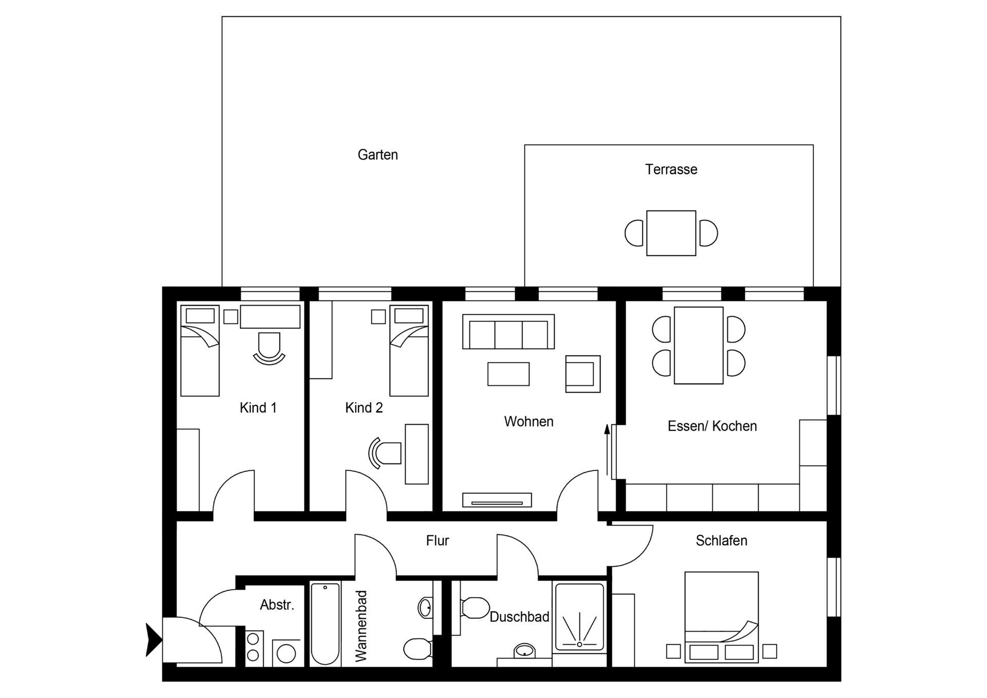 4 Zimmer | Erdgeschoss | Gartenseite - Privatgarten · 105,67 m² Wohnfläche
